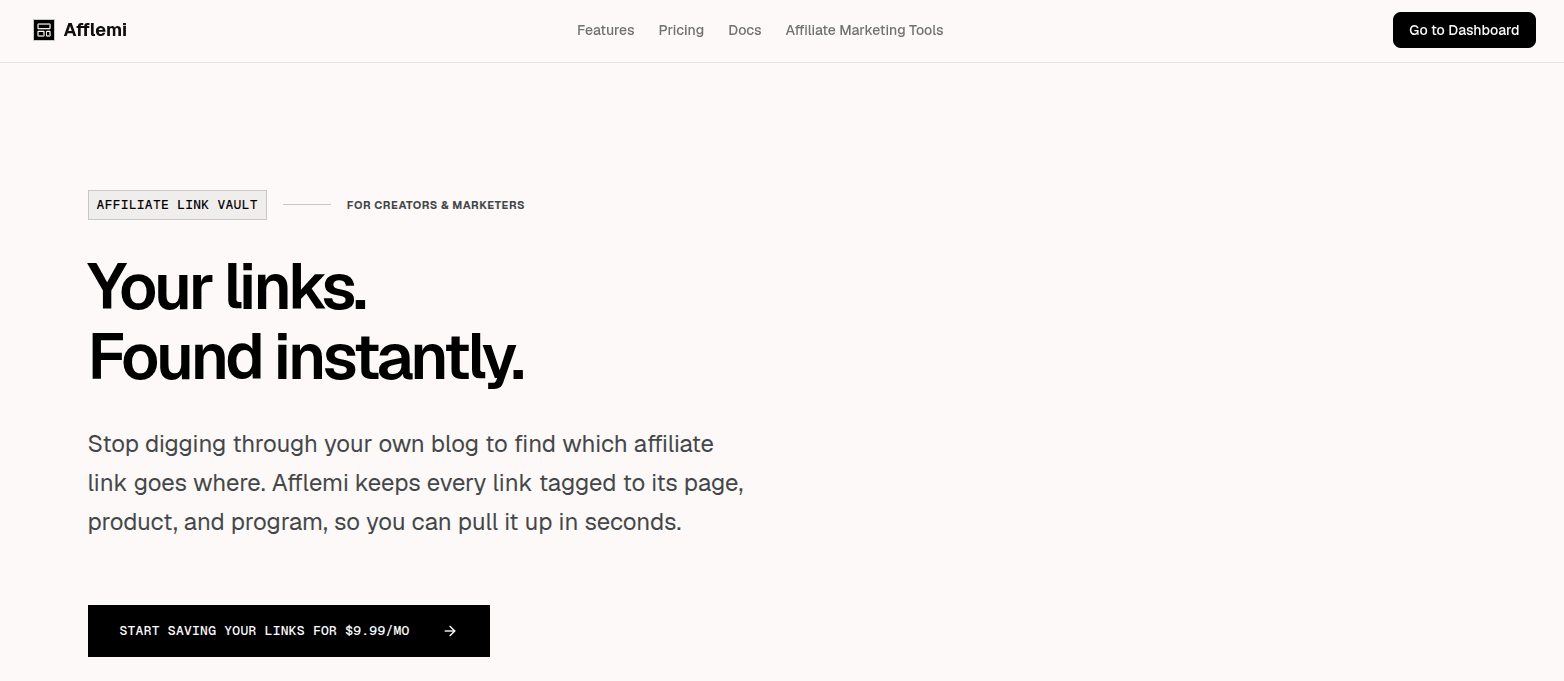 Afflemi dashboard showing saved affiliate links grouped by program