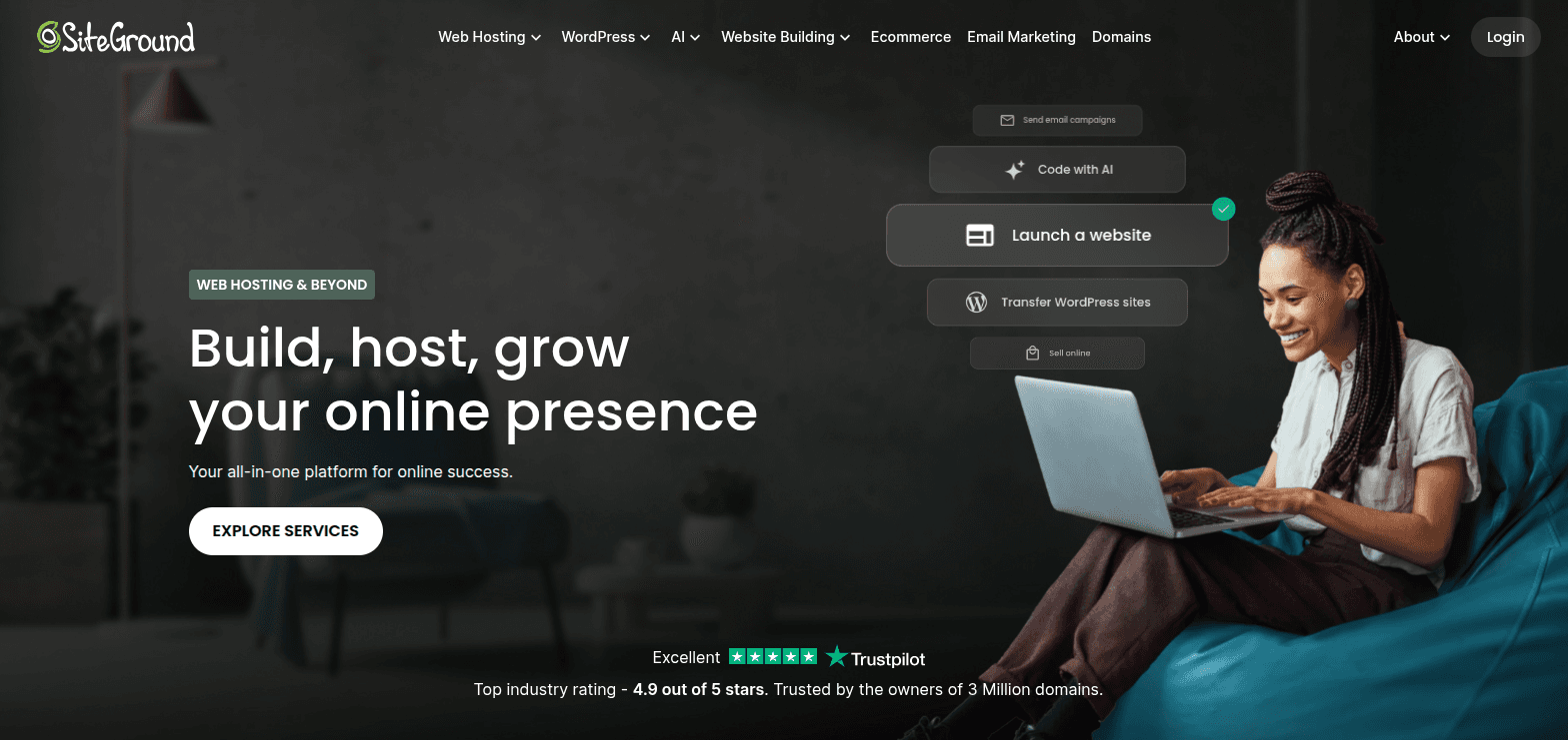 SiteGround hosting dashboard showing WordPress site management