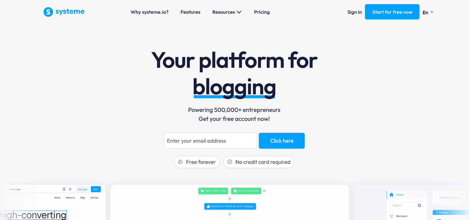 Systeme.io funnel builder showing a landing page template