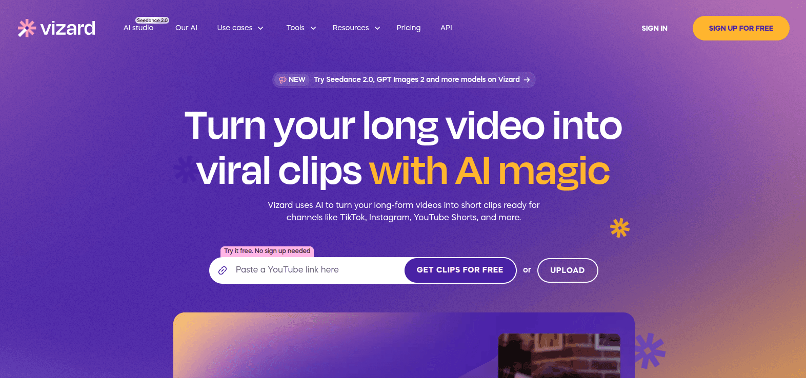 Vizard.ai interface showing a long video being cut into short clips